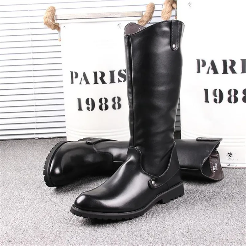 New Arrival Black Long Knee Boots Men Round Toe Buckle High Top Casual PU leather Shoes Man Motorcycle Boots Size 38-44