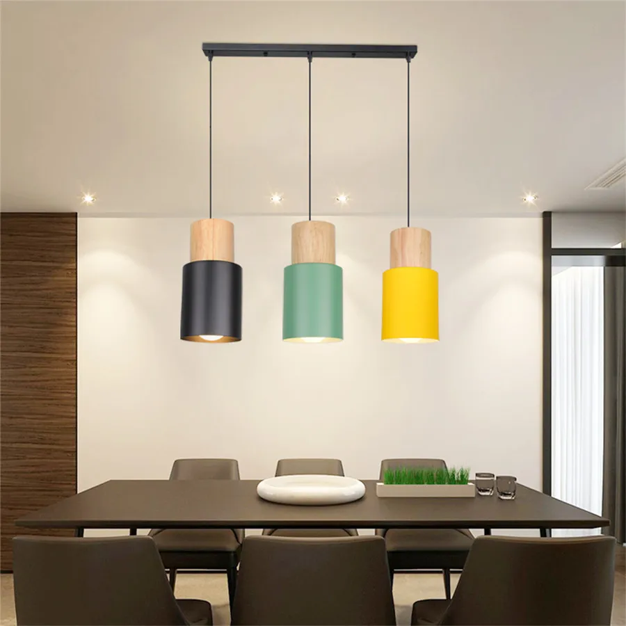 

Nordic Simplicity E27 Pendant Light Modern Macaron Chandelier Hanging Lamp Home Decor Lighting Iron Wood Pendant Lampshade