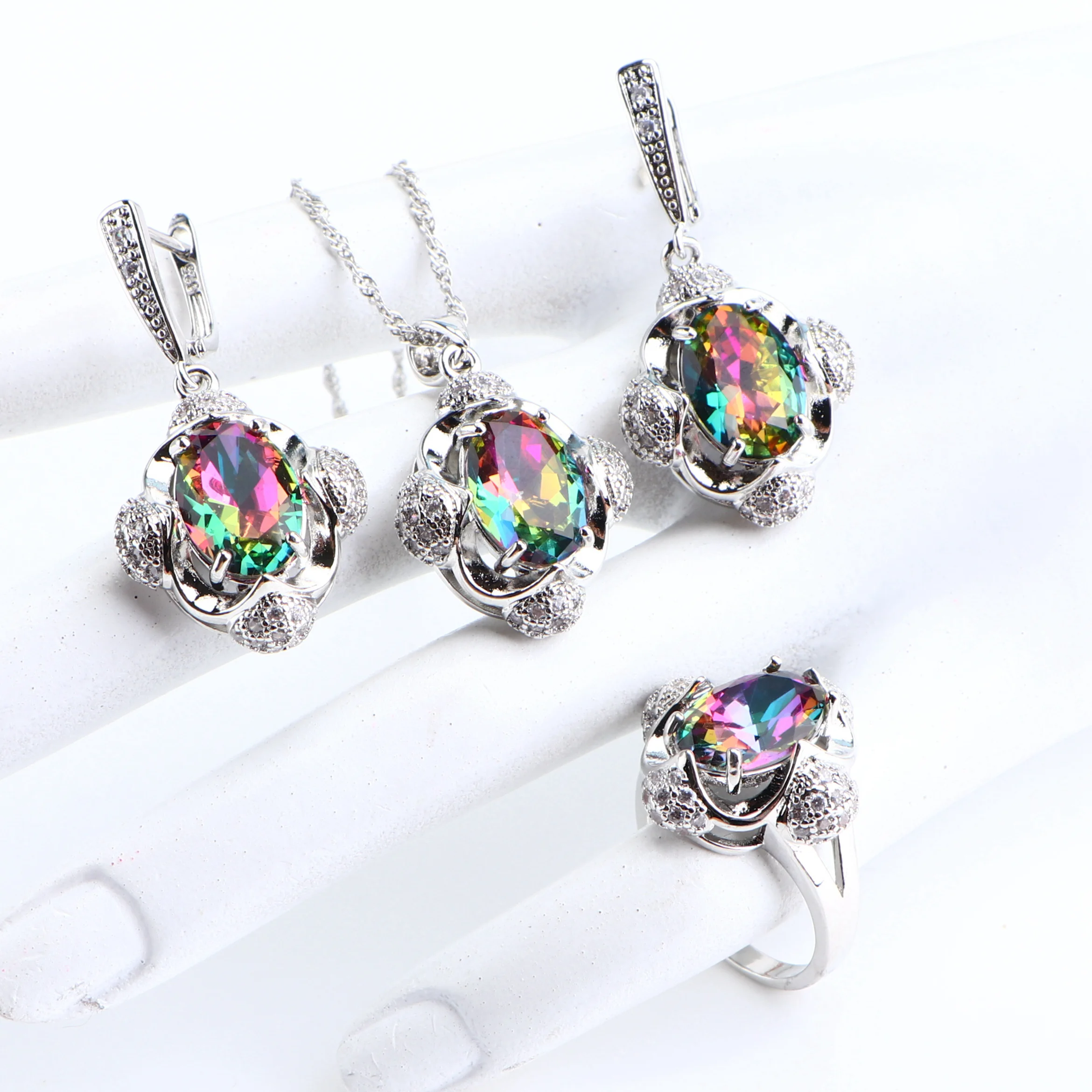 925 Silver Bridal Jewelry Sets For Women Magic Rainbow Wedding Jewelry Necklace Pendant Ring Earrings Bracelets Set Gifts Box