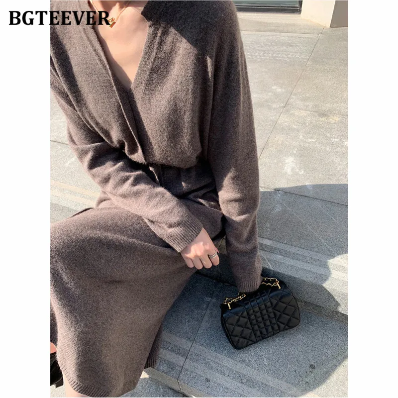 BGTEEVER Vintage Women Knitted Dress Autumn Winter Brief V-neck Warm Drawstring Lace-up Loose Midi Female Sweater Dress 2020