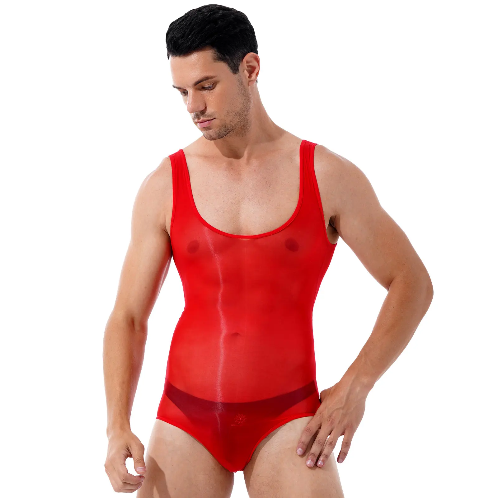 Mens Lingerie See-through Bodysuit Underwear Glossy Scoop Neck Close-fitting Sleeveless Leotard Bodysuit