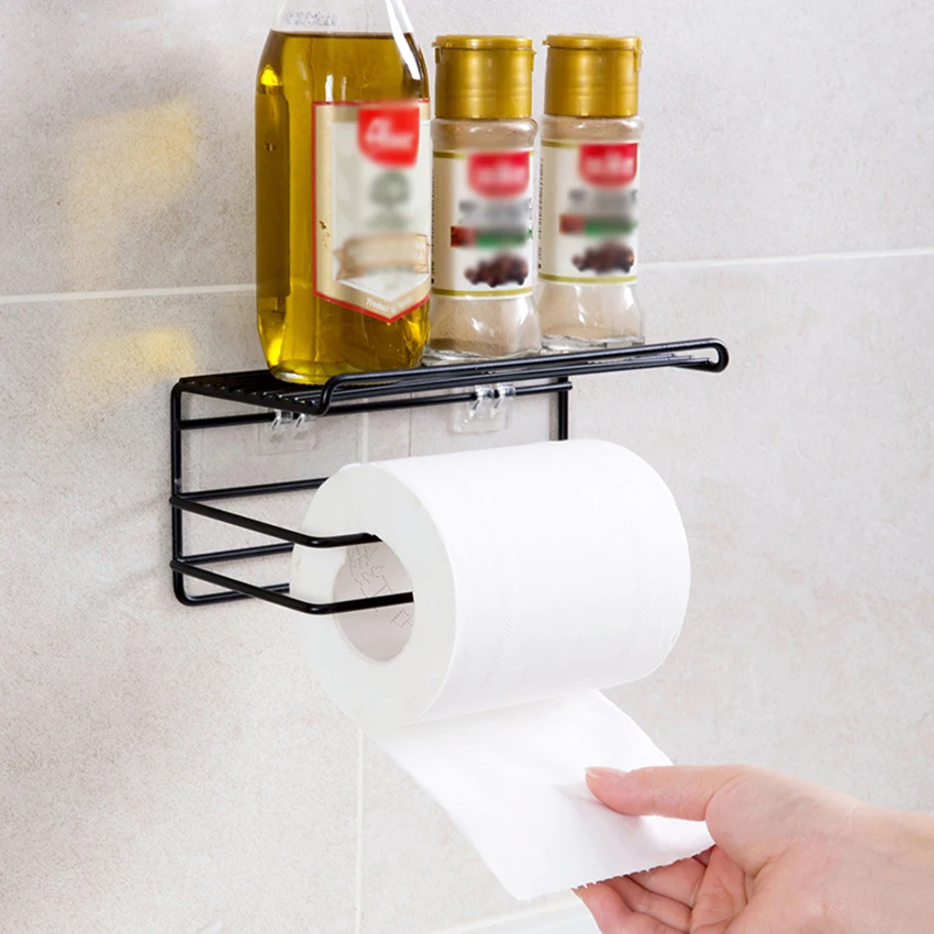 Wall-mounted Bathroom Towels Storage Rack Cosmetic Bottles Organizer Toilet Roll Paper Holder Kitchen Punch-free Iron Shelf