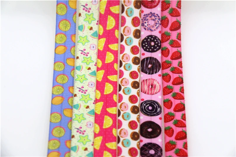 DHK 5/8'' 5yards cupcake fruits donuts  printed Fold Elastic FOE stretch ribbon hairbow headwear headband DIY OEM C1850