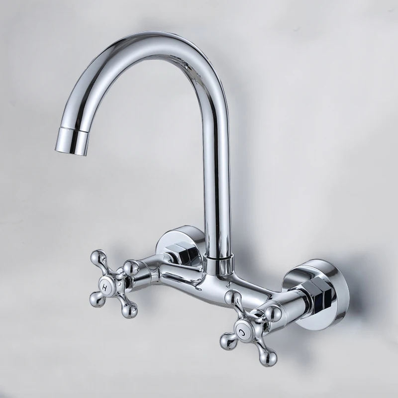 Kitchen Faucet Wall Mounted Bathroom Basin Faucet 360 Degree Rotation Double Handle Dual Hole Cold and Hot Water Mixer Tap Crane