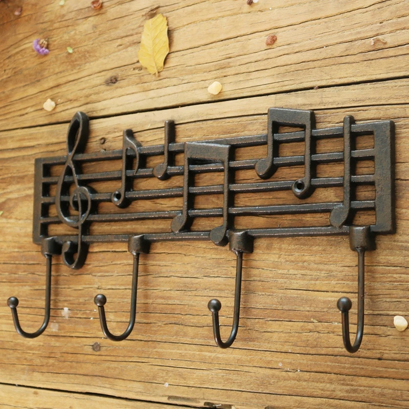 Cast Iron Music Notes Key Holder with 4 Hooks, Decorative Wall Mounted Hanger Rack, Great Gift for Music Lovers