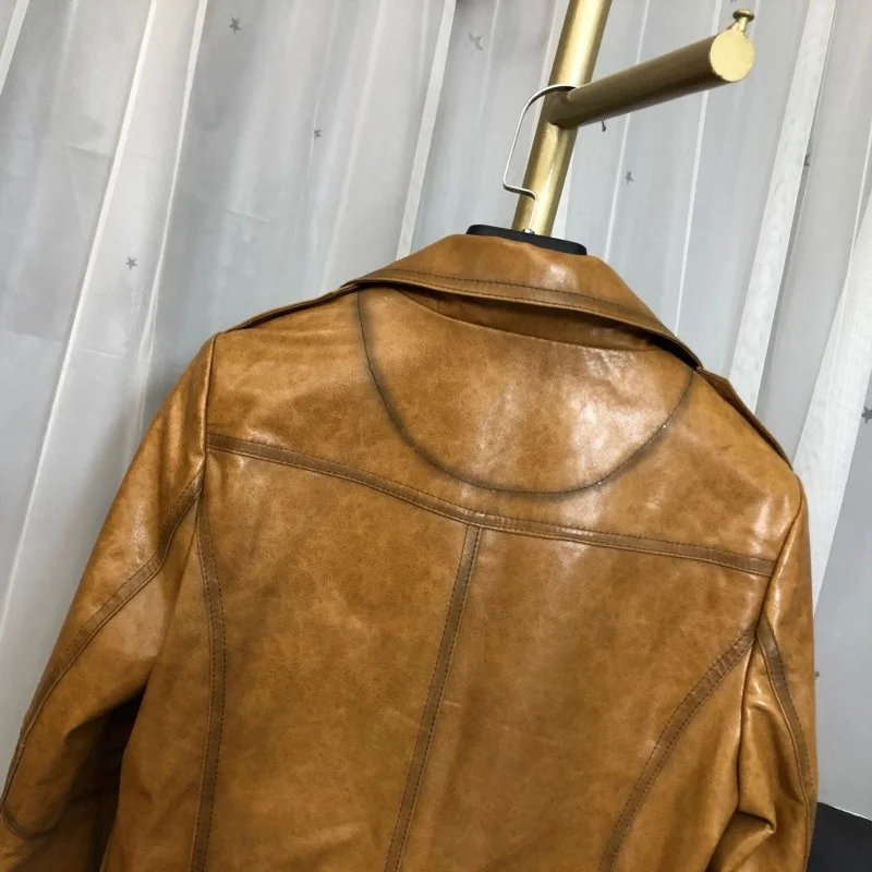 Veste de moto en cuir véritable pour femme, vêtements d'extérieur en cire d'huile, marron, peau de mouton