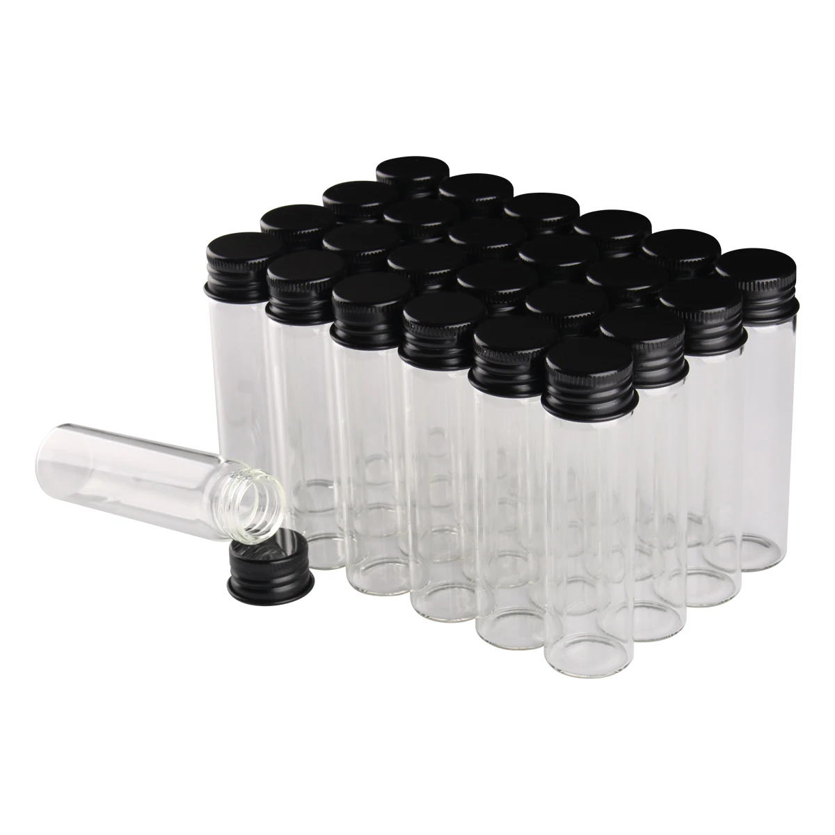 

24 pieces 20ml Transparent Glass Spice Bottles with Black Aluminum Lids 22*80mm Spice Wishing Jars for Art DIY Crafts