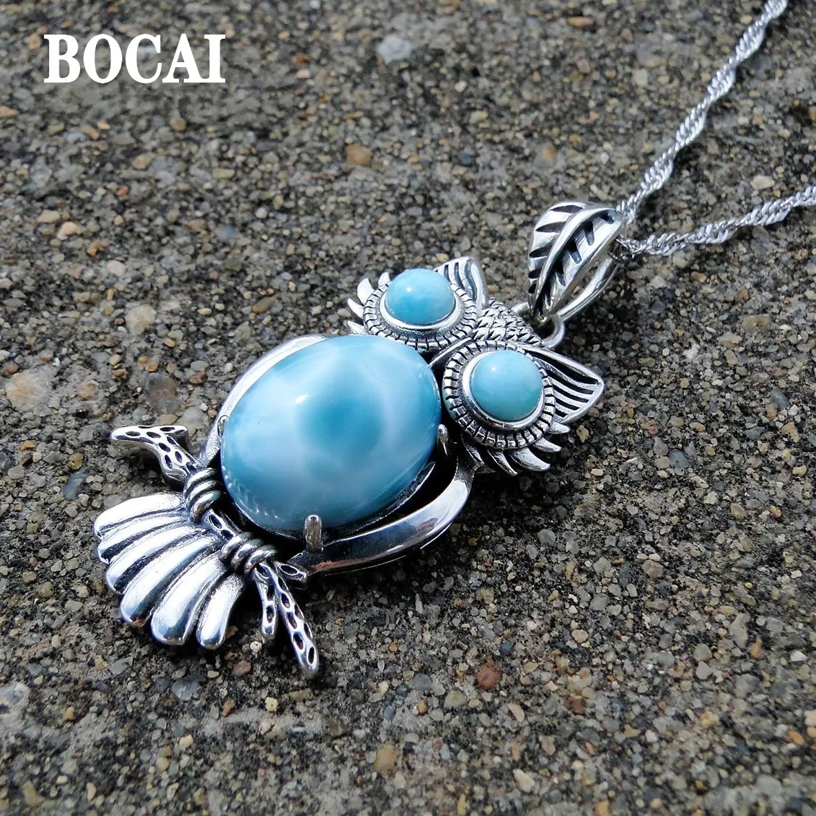 BOCAI New Trendy Pure S925 Silver Jewelry Natural Dominican Sea Stone/La Lima Cute Owl Fashion Woman Pendant