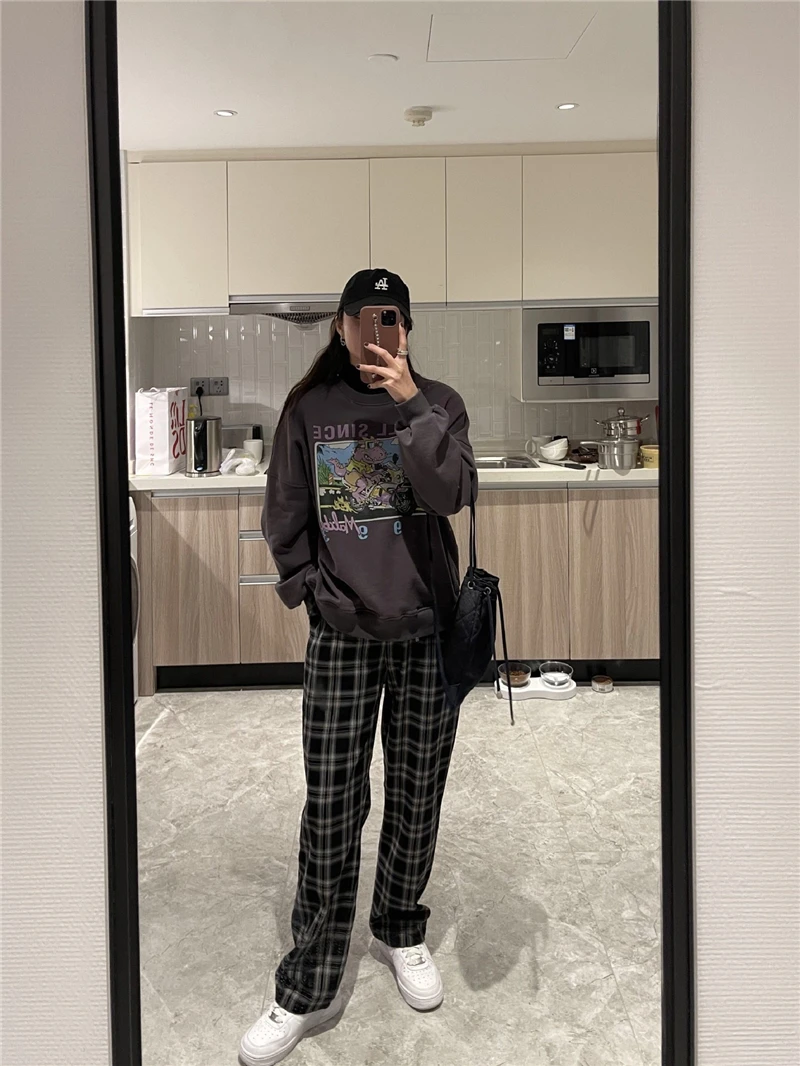 LMQ nowych kobiet dorywczo kratę zagęścić dodać aksamitne spodnie Oversize luźna w stylu Retro Harajuku szerokie nogawki Ins wszystkie mecze Streetwear spodnie