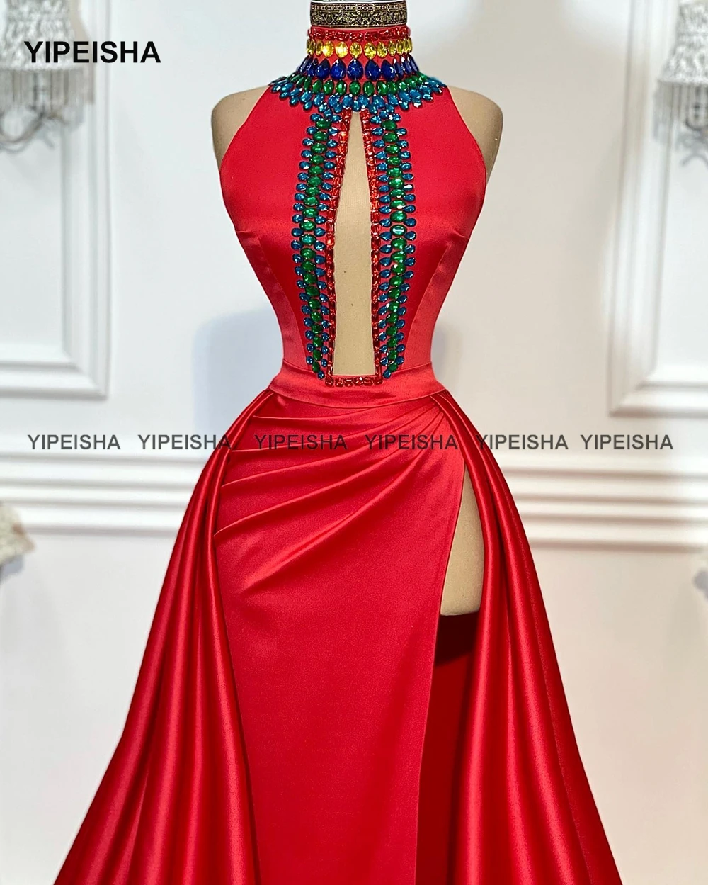 Yipeisha – robe de soirée longue en Satin rouge, col haut, fente haute, ligne A, à la mode, robe de spectacle