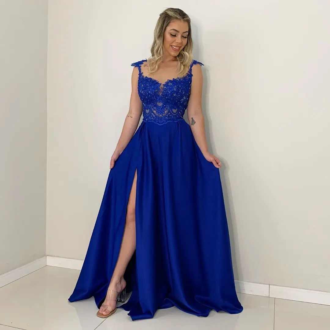 Royal Blue Satin Formele Avondjurken Side Slit Scoop Sheer Applicaties Lace Prom Partij Jassen Vestidos De Fiesta Formales