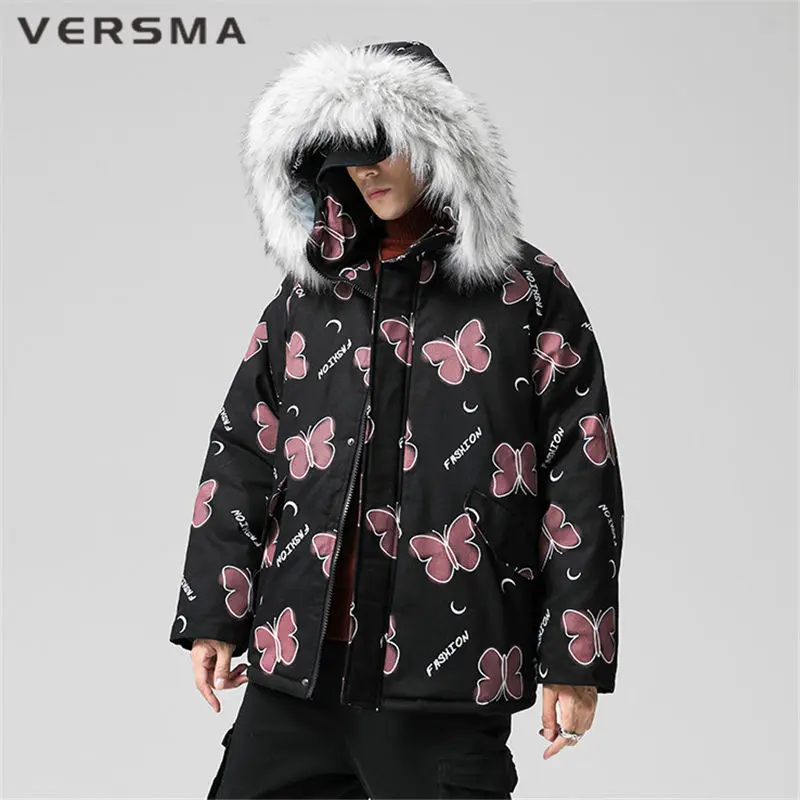 VERSMA Japanese Harajuku Butterfuly Print Winter Jacket Coat Men Women Parka Loose Streetwear Fur Collar Men Parkas Dropshipping