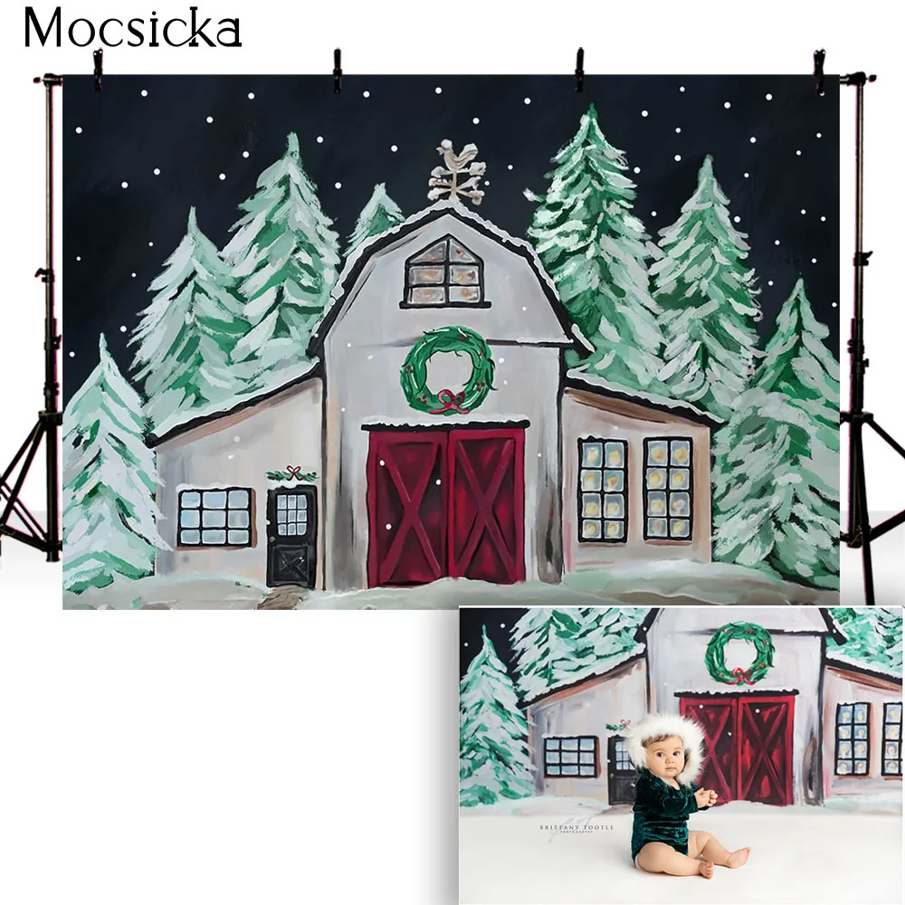 

Oil painting Christmas house Photocall Backdrop Christmas forest Hand Painted background for photo studio warehouse kids photo