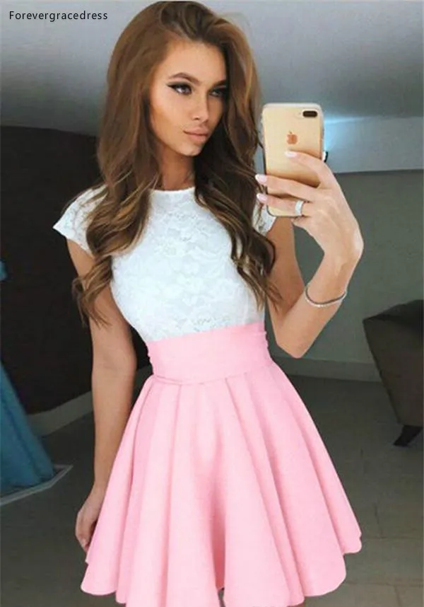 2019 Cheap White Pink Short Cocktail Dress A Line Lace Satin Mini Juniors Sweet 15 Graduation Party Dress Plus Size