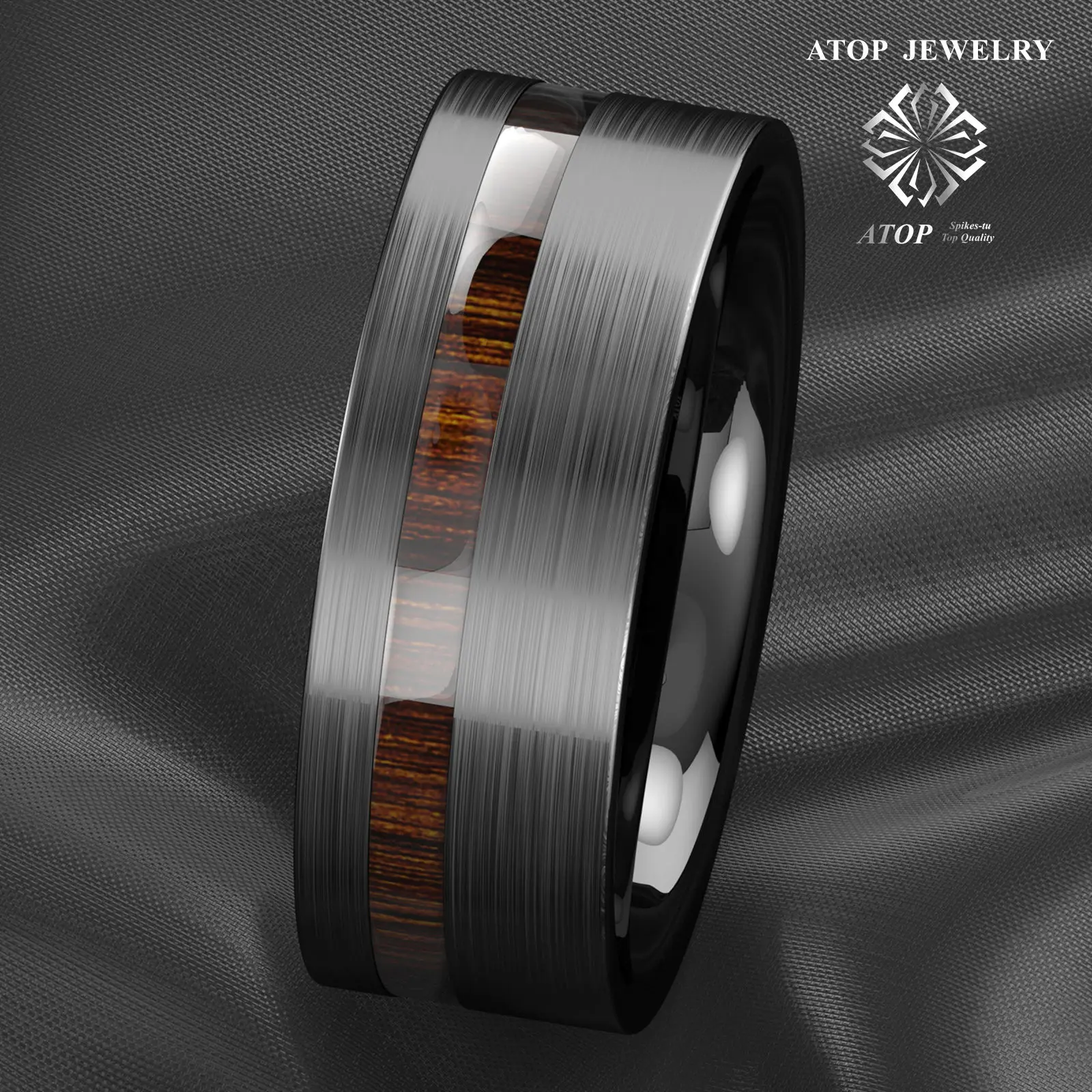 8mm Black Brushed Tungsten Carbide Ring Off Center Koa Wood Wedding Band Ring Customized Jewelry