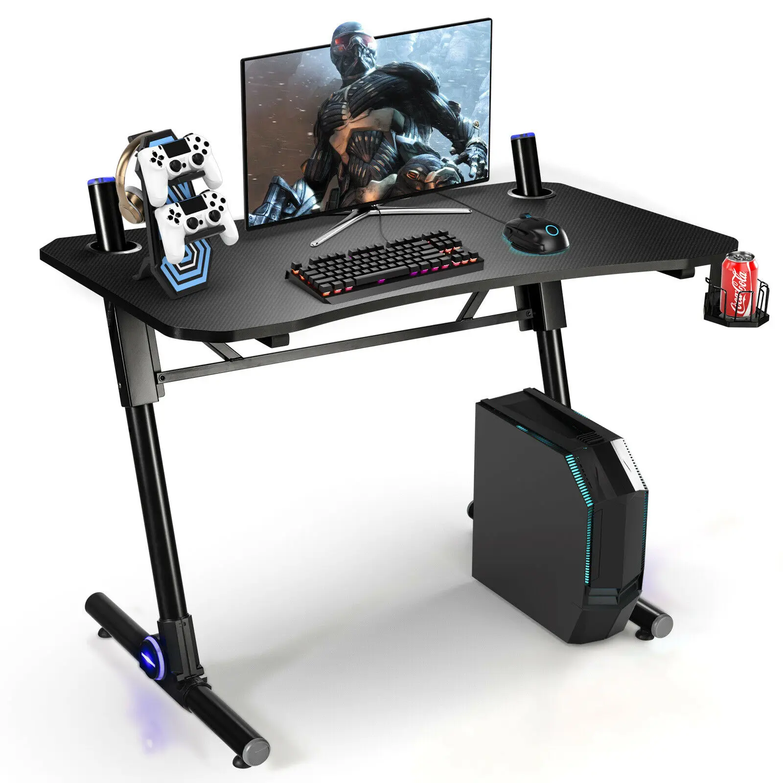 Costway Gaming Computer Desk Height Adjustable w/ LED Light & Gaming Handle Rack HW67025