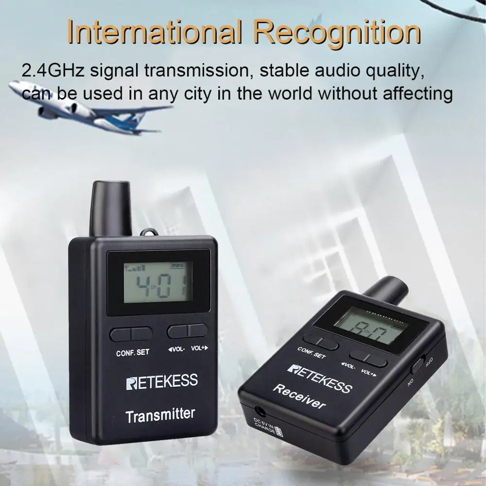 Retekess 2pcs TT109 transmitter and 30pcs TT109 receivers+Charging Case Tour Guide System for Church Translation System Meeting