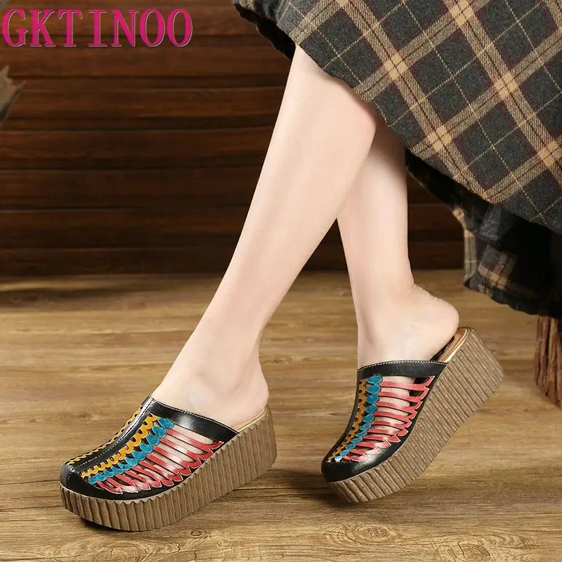 2024 Summer Shoes Female Slippers Closed Toes Hollow Out Handmade Thick Heels Genuine Leather Women Platform Wedges Slides