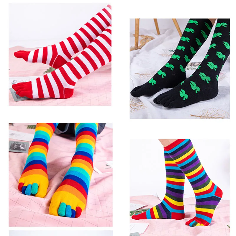 3 Pairs Rainbow Calf Socks with Toes Long Women Girl Combed Cotton Young Fashion Striped Black Maple Leaf 5 Fingers Socks Happy