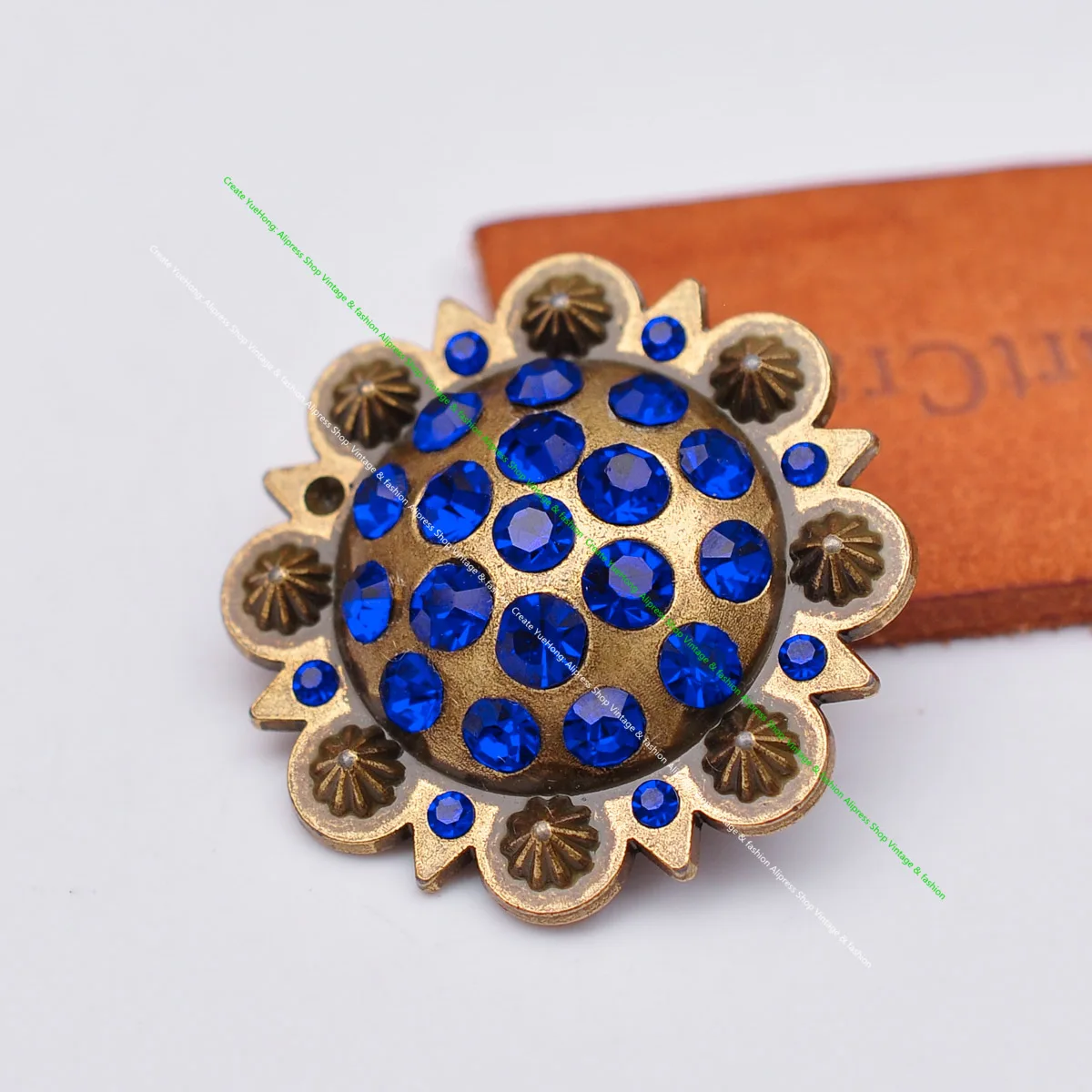 

6PC 35MM Brass Berry Flower Leathercraft Saddle Belt Luggage Bag Decor Blue Rhinestone Crystal Concho Button Screwback