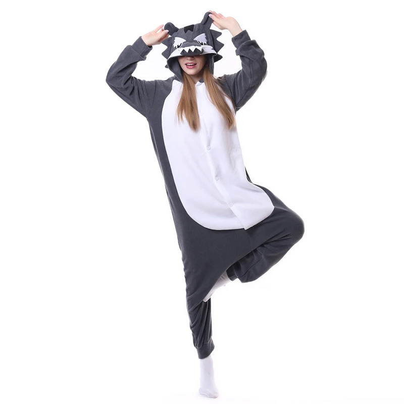 NEW Fleece Animal Angry Wolf Cosplay Pajamas Onesies Winter Warm Pyjamas Party Costume For Women Men Jumpsuit Sleepwear Xmas