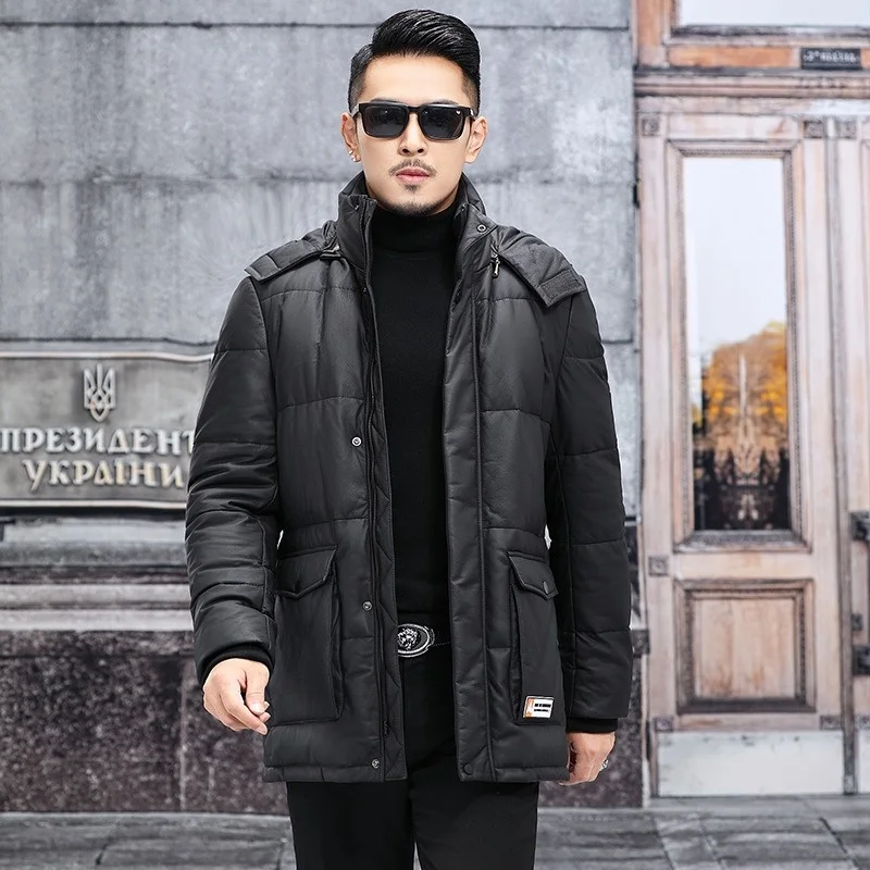 Mens New Winter Hoodie Thick Warm Cowhide Down Jacket Moto Biker Windbreaker Mid Long Genuine Leather Coat Male Outwear Overcoat