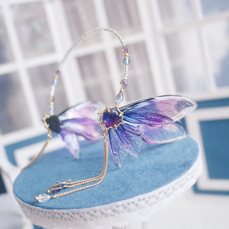 NEW BJD Doll Hairpin Gradient Transparent Wings Hair Band Flowers Elf Headwear Green Blue For 1/3 1/4 Props Doll Accessories