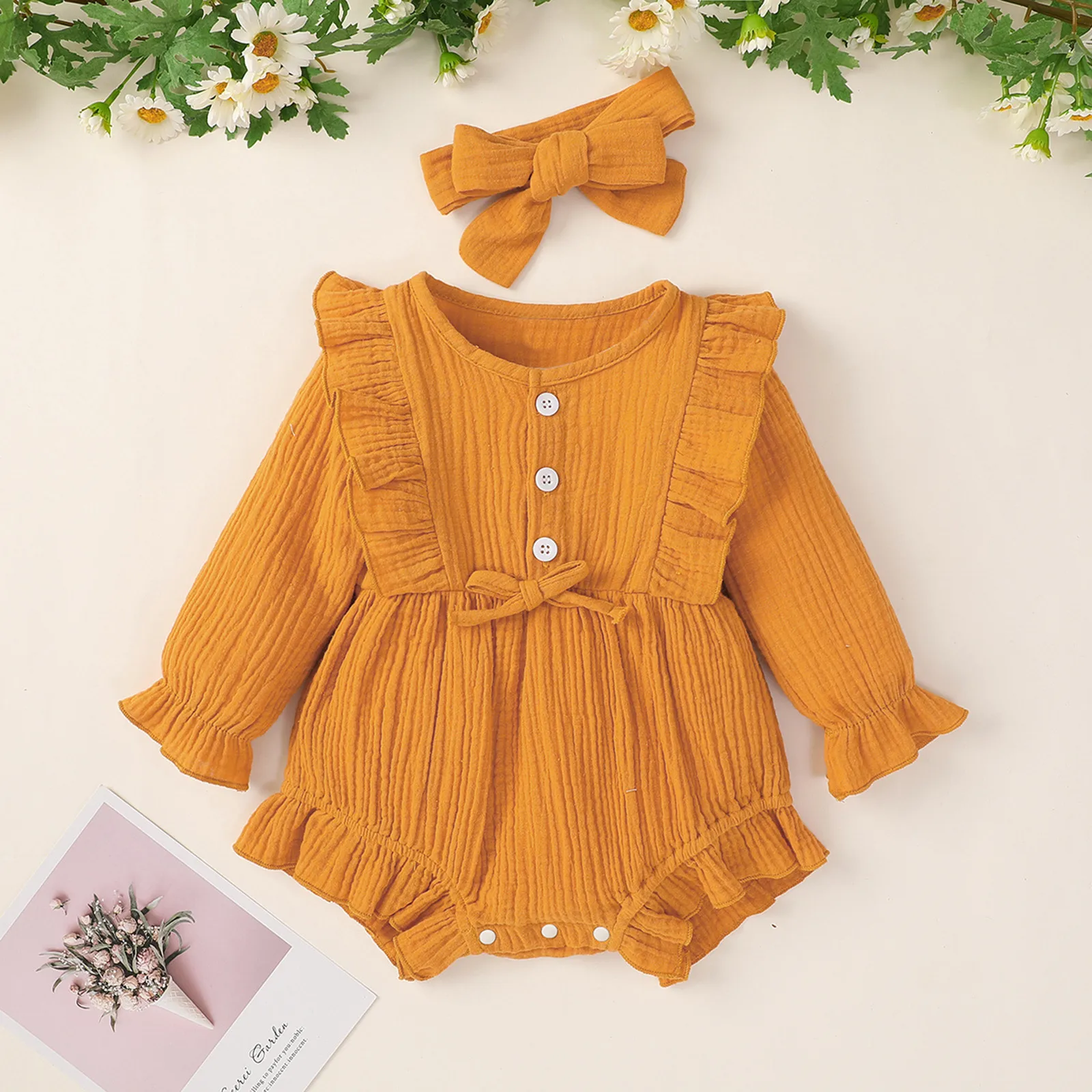 Newborn Baby Girls Clothes Long Sleeve Bowtie Ruffle Bodysuit +Headband Infant Outfits Sets Winter Girl Clothing 3 6 9 12 Months