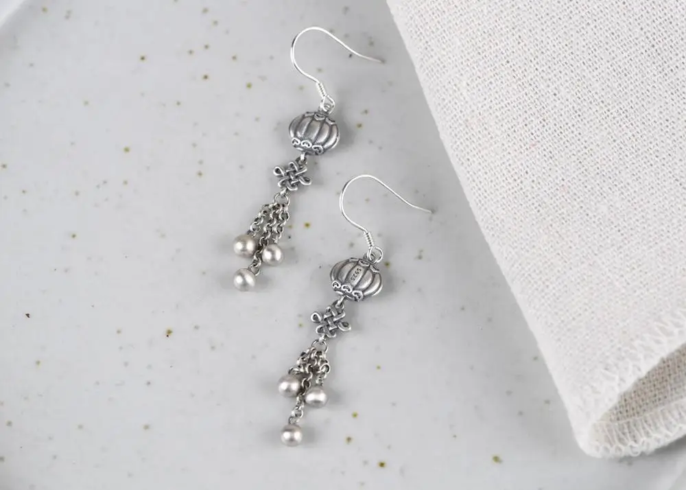 S925 Silver Ruyi Chinese Knot Earrings Women Beaming Lantern Silver Beads Tassel Thai Silver Earrings