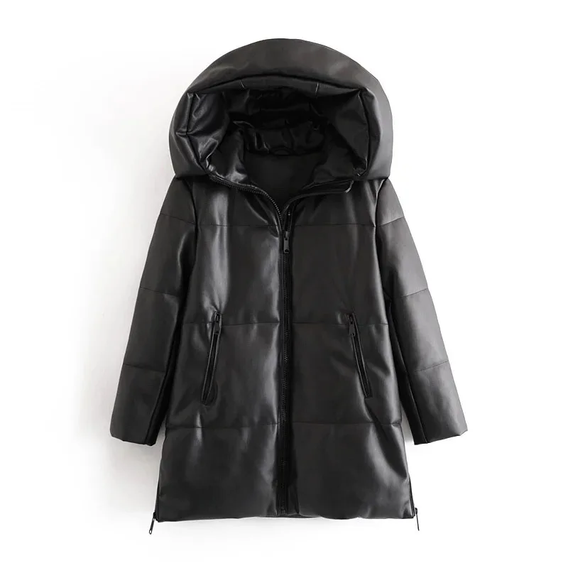 Winter Imitation Leather Hooded Cotton Jacket PU Leather Women\'s Loose Zipper Coat Casual Warm Mid-Length Coat