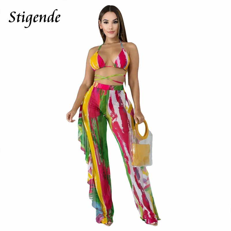 Stigende Women Summer Mesh Swimsuit Cover Up Sexy See Through Two Piece Ruffle Set Fashion Print Bandage Bra and Pants Set