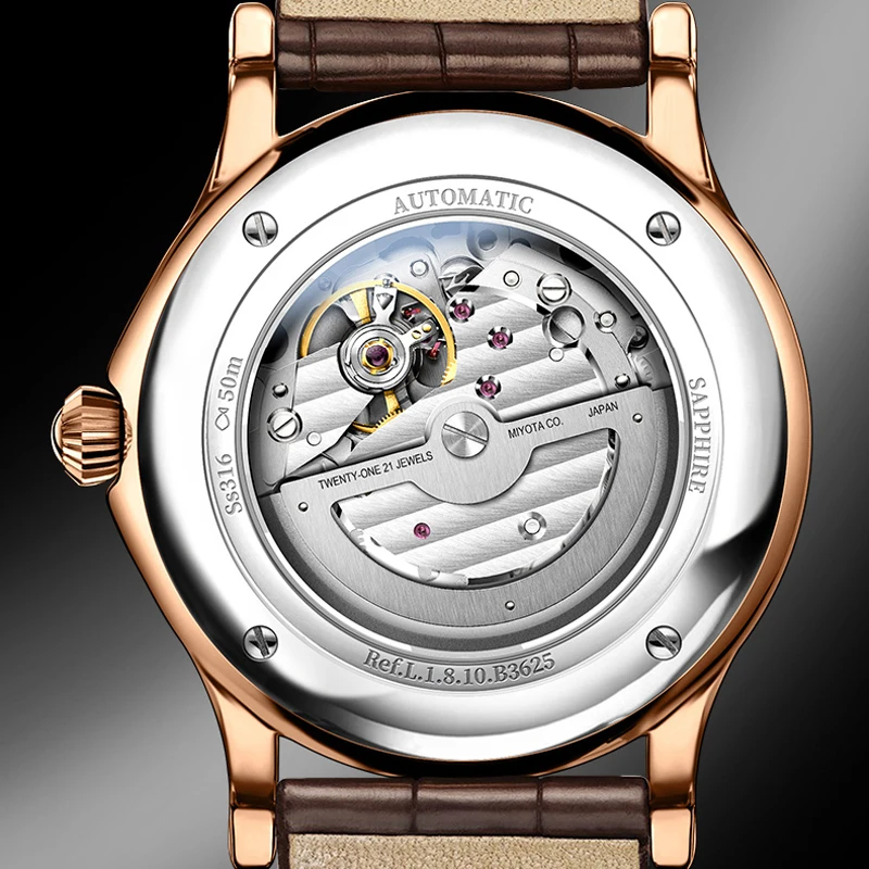 LOBINNI orologio meccanico da uomo in acciaio inossidabile 316L movimento MIYOTA orologi automatici orologio impermeabile in vetro zaffiro con fasi lunari