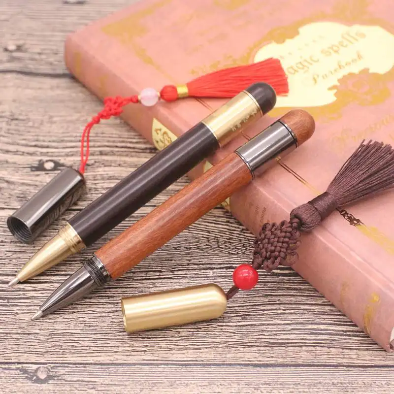 Ancient style literary wooden pen holder Baozhu water writing pen retro Chinese knot gel pen Christmas gift custom LOGO