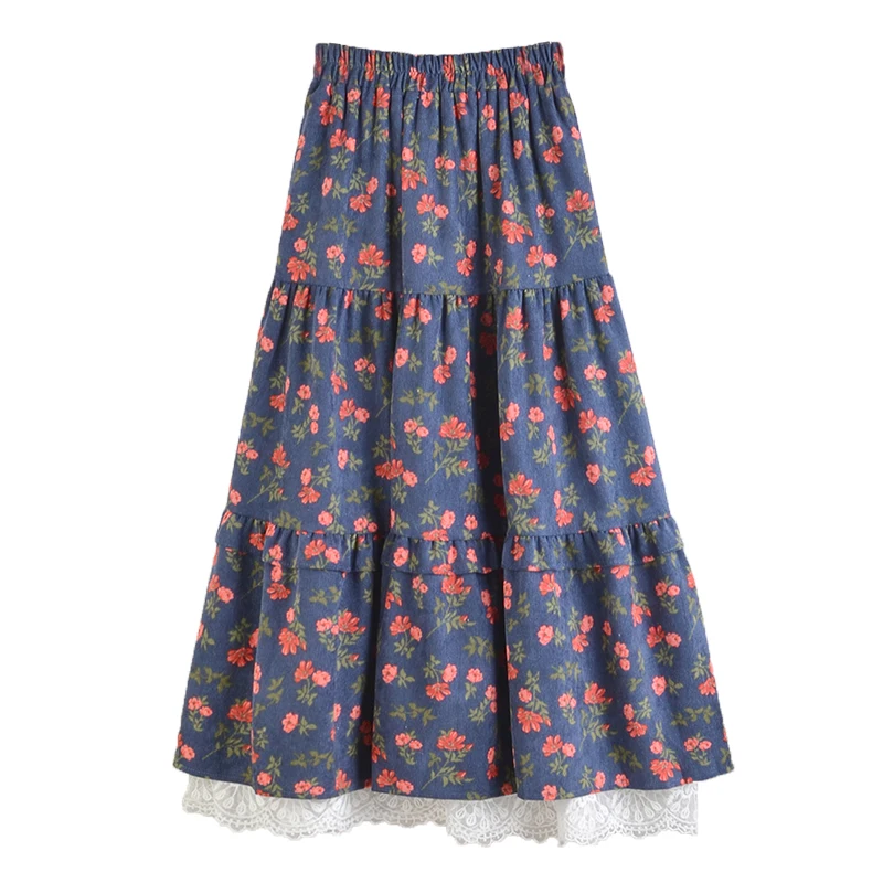 

Autumn Winter High-waisted Thin And Large Ladies Skirt Corduroy Floral Print Stitching Mesh Lace Mid-length Girl A-line Skirt