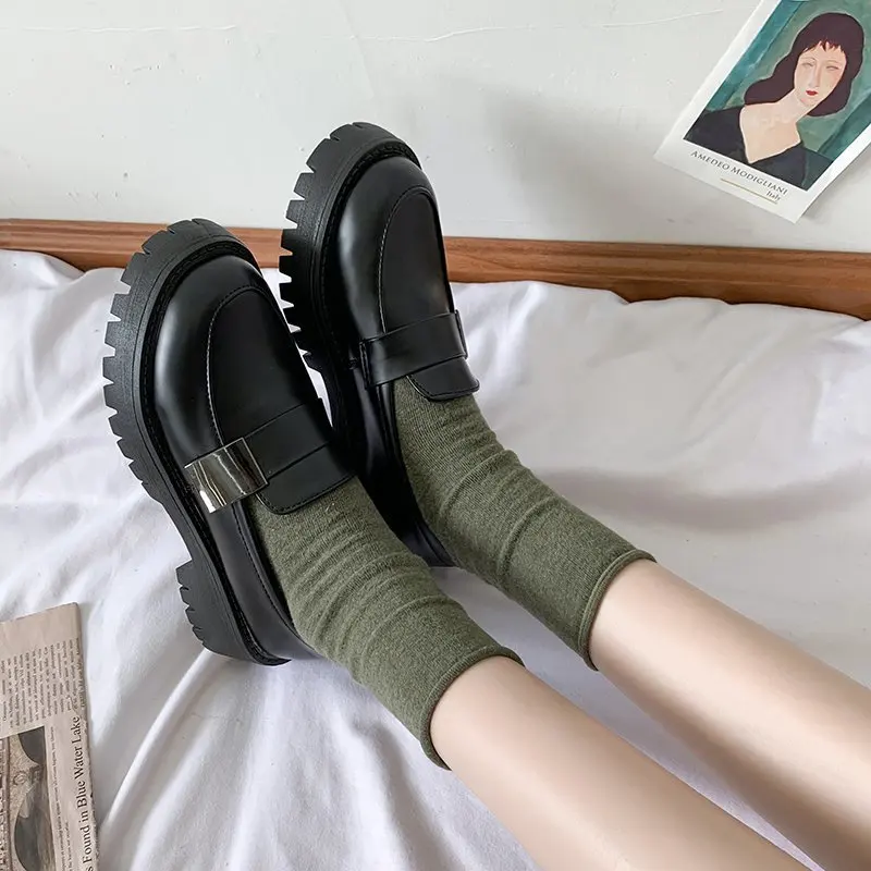 Women's Solid Black PU Leather Lok Fu Shoes 2021 New Leisure Women's Flat Shoes Round Toe Thick Toe Round Muffin Large Size