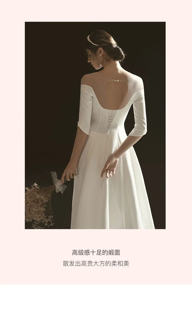 tailor shop custom made champagne wedding dress deep V-neck long-sleeved big was thin lace small trailing fishtail  dress