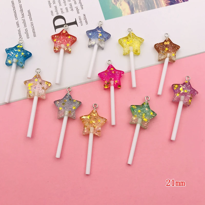 10 Uds. De resina novedosa, abalorio de piruleta de cinco estrellas colorido brillante con purpurina para llavero, pendientes, álbumes de recortes, fabricación DIY, collar