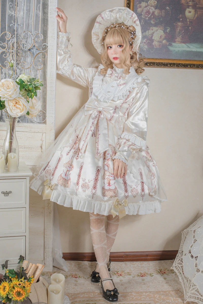 Original genuine lolita finch com creme flor op manga longa reflexiva vestido diário outono e inverno lolita vestido