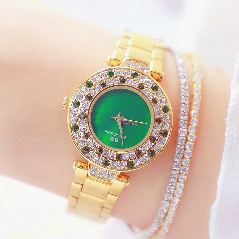 BS New Hot Selling Full Diamond Female Green Dial Crystal Quartz Watch Fashion Steel Band Gold Nightclub Watch Relogio Feminino