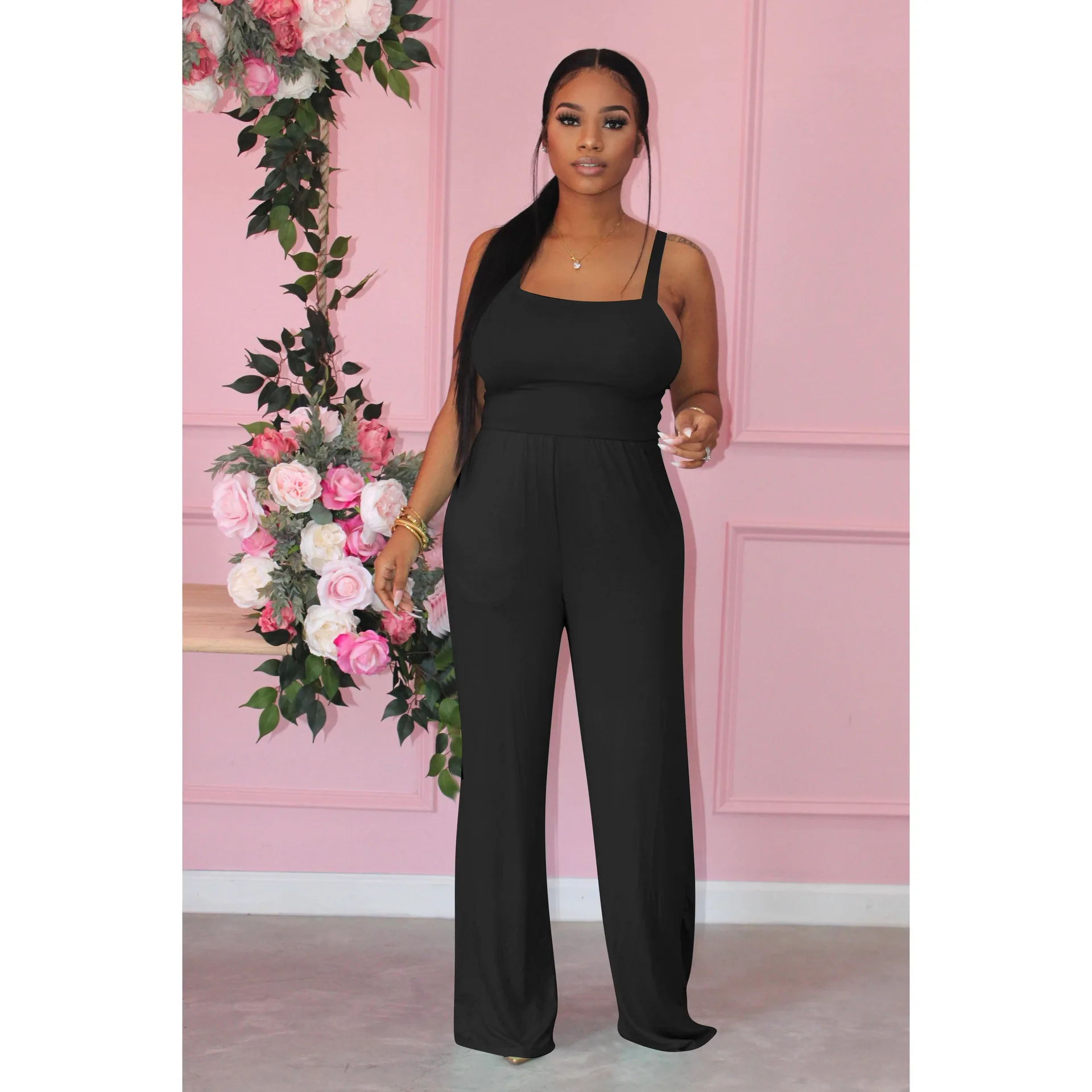 

Solid Color Vest Straight Jumpsuit 2021 Summer Tracksuit Ladies Pantsuits Trousers For Women Siamese Tank Top One Piece Pants