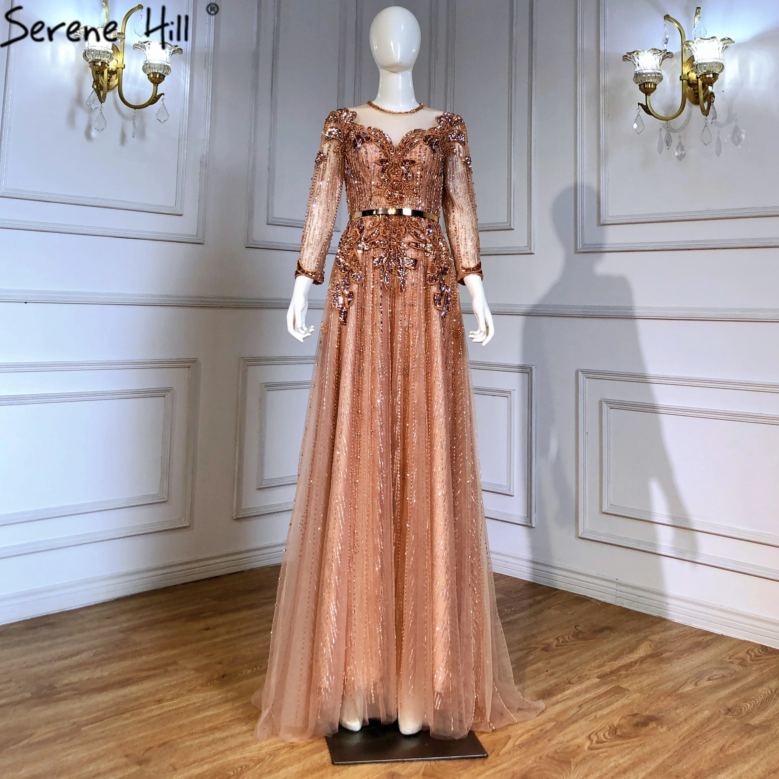 rose gold muslimah dress SERENE HILL Customized Muslim A-Line Evening Gown 2026 Long Sleeves Beaded Luxury Women Wedding Party CLA70935 Search: black maxi dress