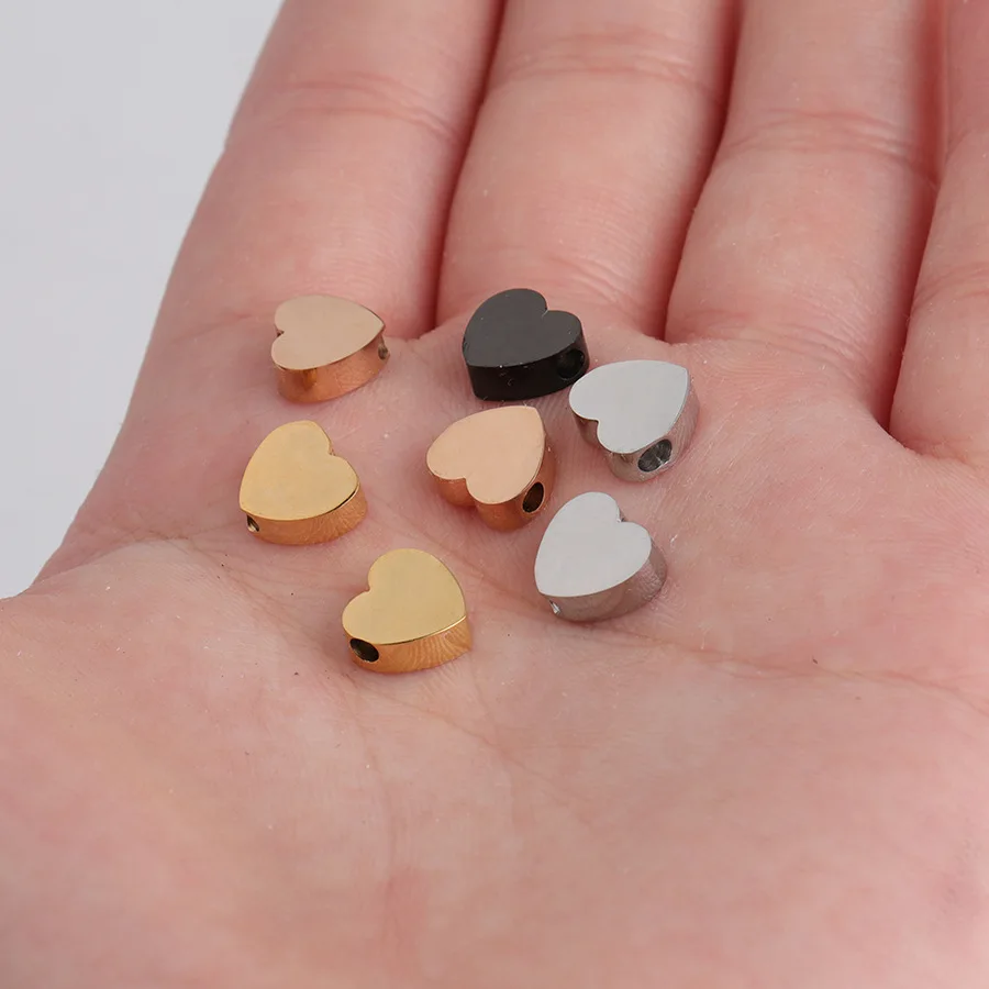 Fnixtar 20Pcs/Lot 1.8mm Hole Mirror Polished Stainless Steel Heart Charm Beads Horizontal Vertical Hole Charms For DIY Necklaces
