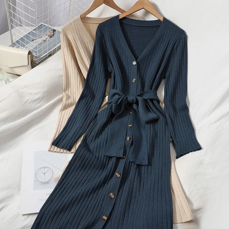 Autumn Women Single-breasted Sweater Dresses Tie Bow Sashes Knitted Dress Ladies V-Neck Long Sleeve Long Dress Vestidos AB2018