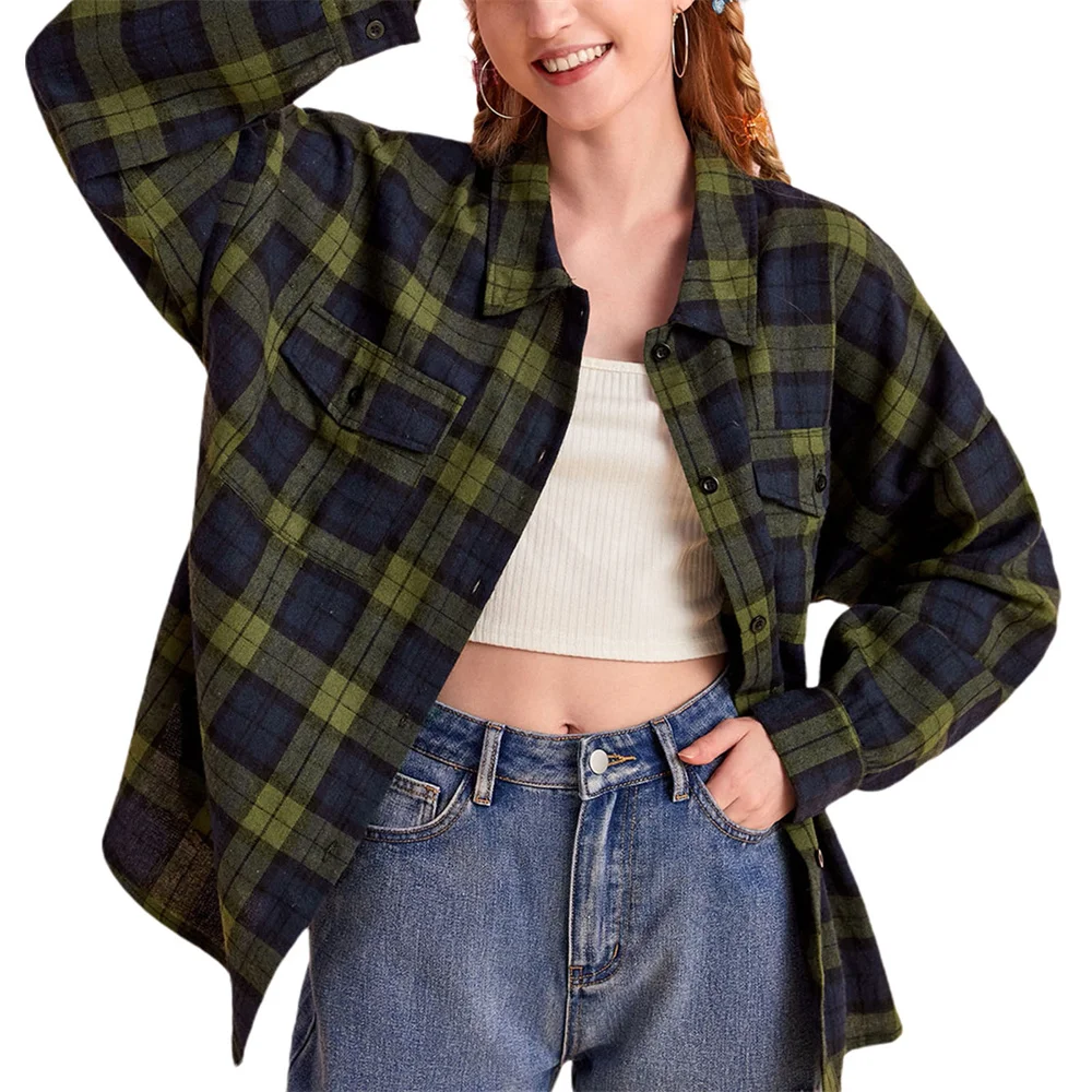 Womens Shirt Casual Plaid Turn-Down Collar Long Sleeve Tops Oversized Lapel Single-breasted Women\'s Y2k Vintage Plaid Shirts