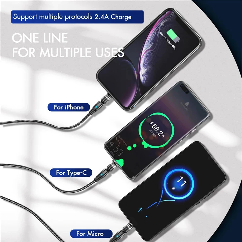 USLION-Cable magnético giratorio de 540 grados, Cable Micro USB tipo C para teléfono iPhone 11 Pro XS Max, Samsung y Xiaomi