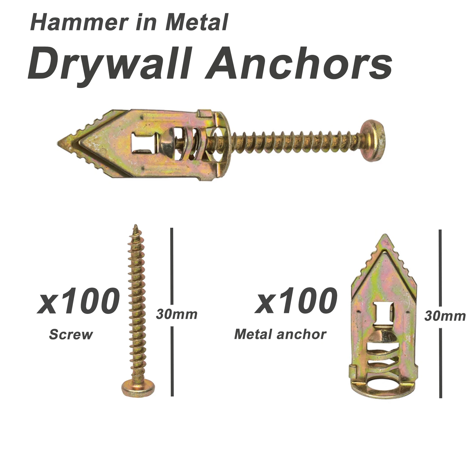 Hammer in Metal Drywall Anchors 10x30mm with Self Tapping Screws Kit,200PCS Wall Anchor Fixing Plug and Screw for Plasterboard