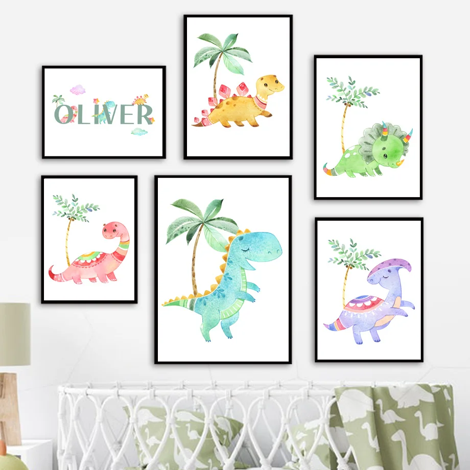 Cartoon Baby Name Custom Watercolor Dinosaur Nursery Wall Art Print Canvas Painting Nordic Poster Wall Pictures Boy Room Decor