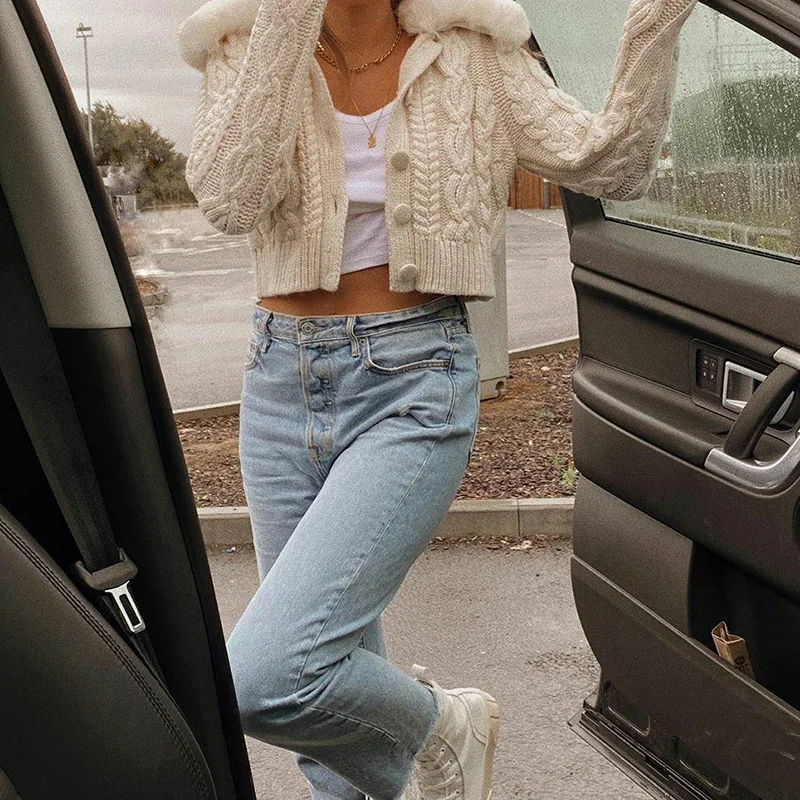 Casual Female Y2k Cropped Sweater White 2023 Spring Streetwear Fashion Woman Cardigan Sweaters with Fur Trim Collar Korean Style