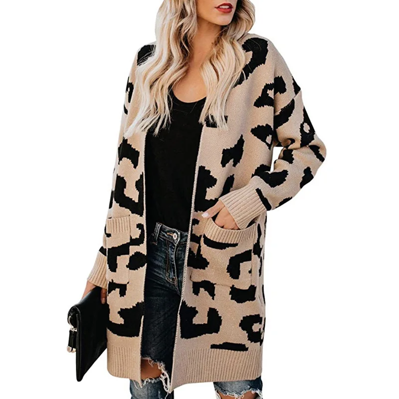 Cárdigan largo de longitud media con doble bolsillo, suéter de punto con patrón de leopardo, suelto e informal, otoño e invierno, 2021