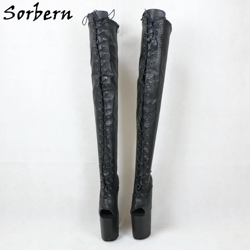 Sorber Black Snake Mid coscia stivali alti donna Custom Slim Fit Peep Toe Platform stivale lungo per Crossdresser Stripper Heels